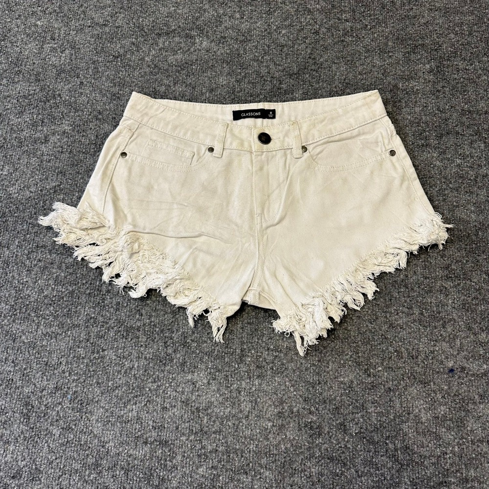 Glassons Shorts Womens Size 8 Off White Cotton Frayed Raw Hem Festival Denim